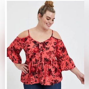 BABYDOLL TEXTURED
RAYON COLD
SHOULDER TOP